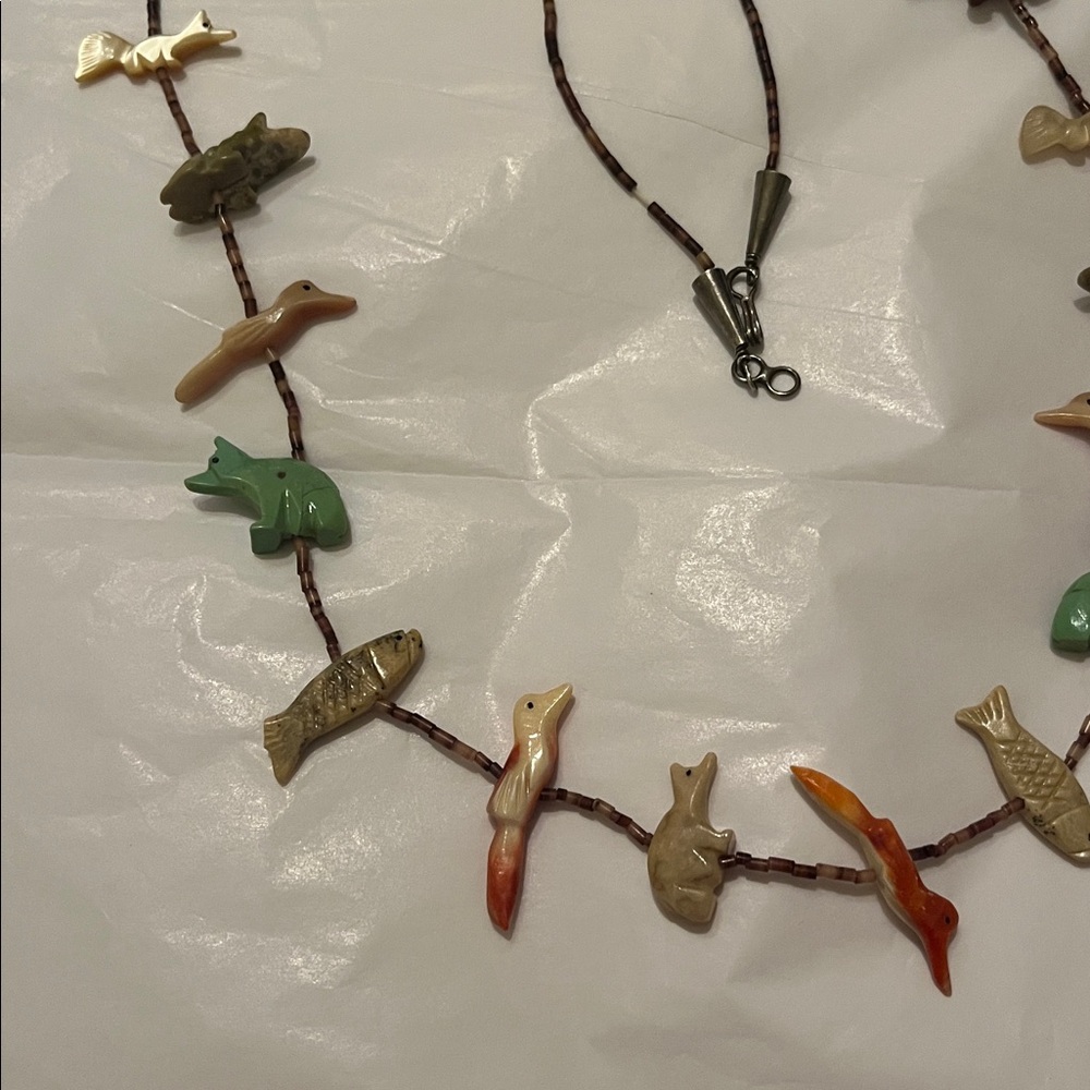SOLD-Zuni Fetish Necklace carved stone animals-$40 - Picture 6 of 9
